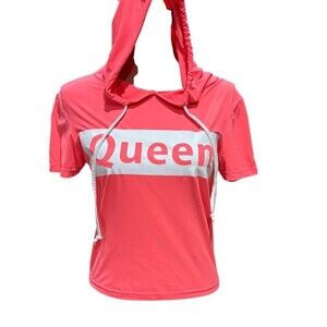 AQ-Sport Womens Hoodie Top Size XL Pink White Queen Graphic Short Sleeve